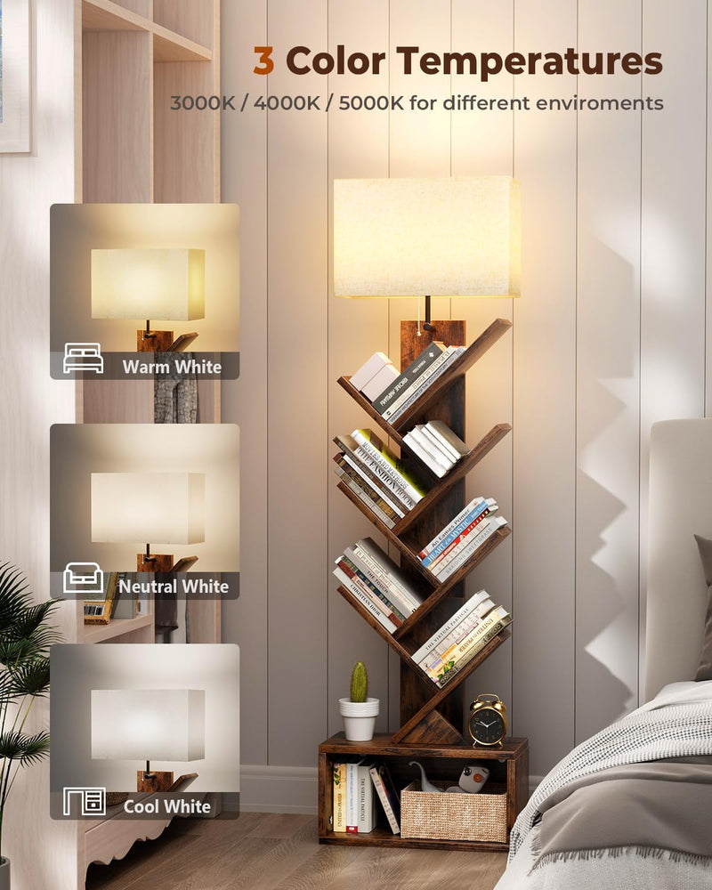 6 Tier Tree Bookshelf with Light, Narrow Bookcase Tower, Tall Floor Standing Book Organizer with Storage Cabinet for Living Room, Bedroom and Home Office, Rustic Brown-2