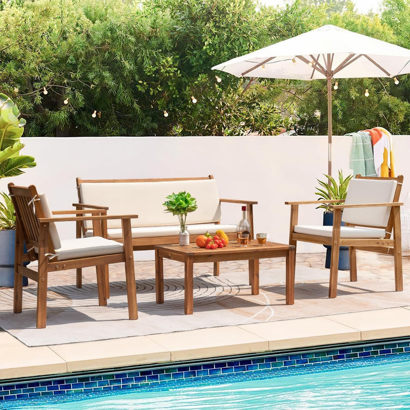 Outdoor Patio Furniture, 4 Piece Bistro Sofa Set with Coffee Table and Loveseat, Acacia Wood Conversation Sets with Cushions, for Garden, Backyard, Poolside, White-2