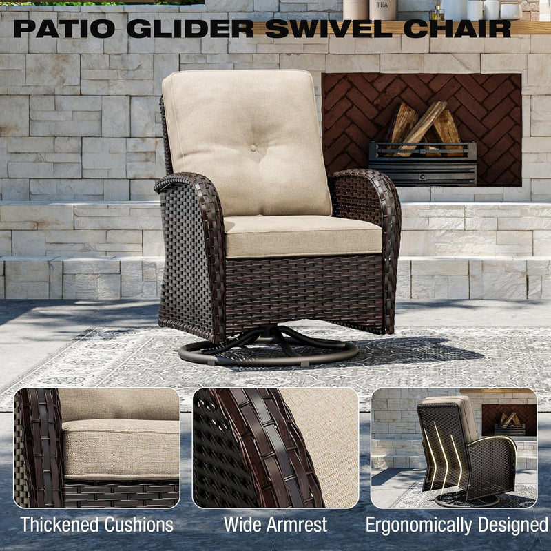 Outdoor Swivel Rocker Chairs, 3 Piece Wicker Patio Set with Thick Cushion and Side Table, Rattan Patio Swivel Rocking Chairs for Porch, Deck Use (Brown/Beige, 3 PCS)-4