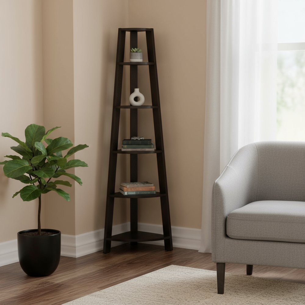 71" Espresso Wood Five Tier Corner Bookcase