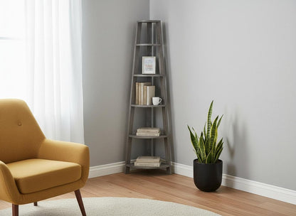 71" Espresso Wood Five Tier Corner Bookcase