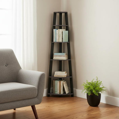 71" Espresso Wood Five Tier Corner Bookcase