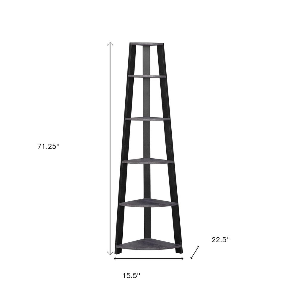 71" Espresso Wood Five Tier Corner Bookcase