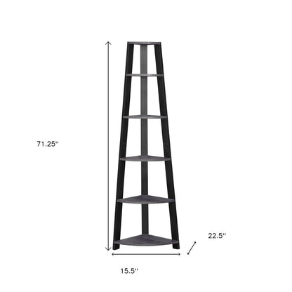 71" Espresso Wood Five Tier Corner Bookcase