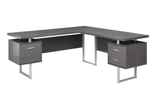 71" Taupe and Silver L Shape Computer Desk With Three Drawers