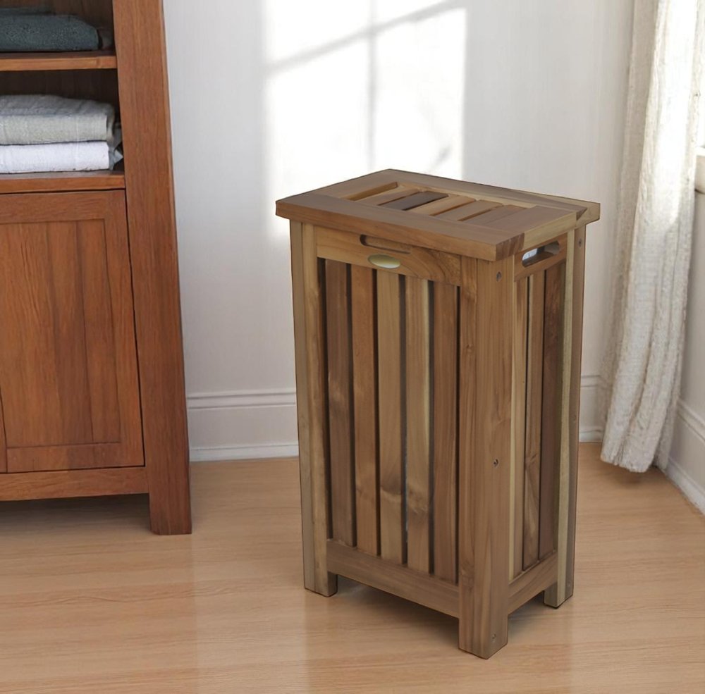 24" Brown Solid Wood Laundry Hamper With Lid