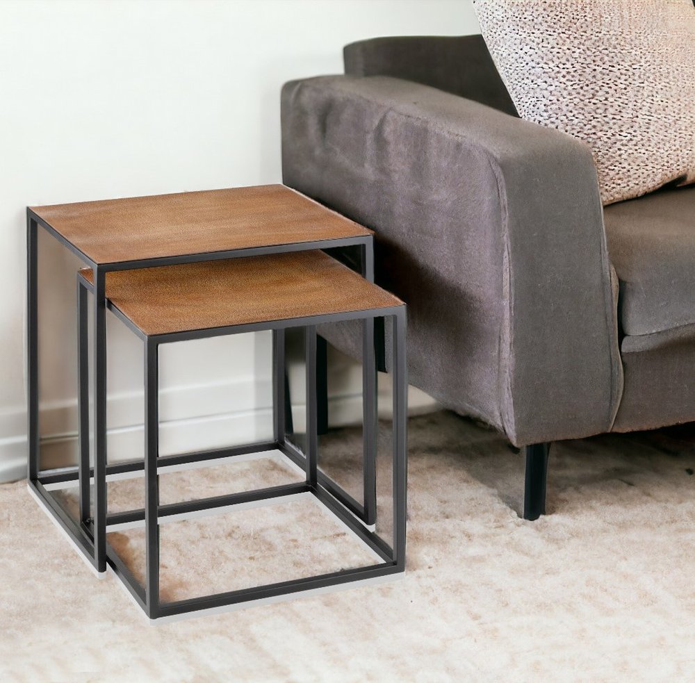 Set of Two Brown and Black Metal And Faux Snake Leather Nesting End Tables