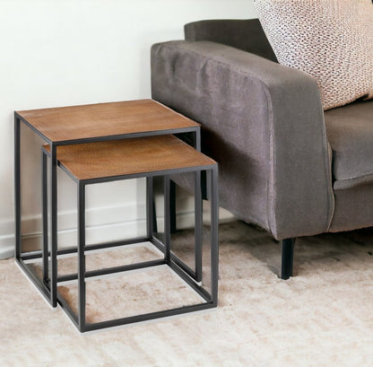 Set of Two Brown and Black Metal And Faux Snake Leather Nesting End Tables