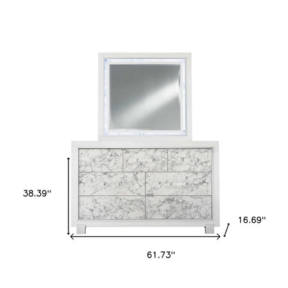 Modern White Chest With 5 Faux Marble Detailed Front Drawer.