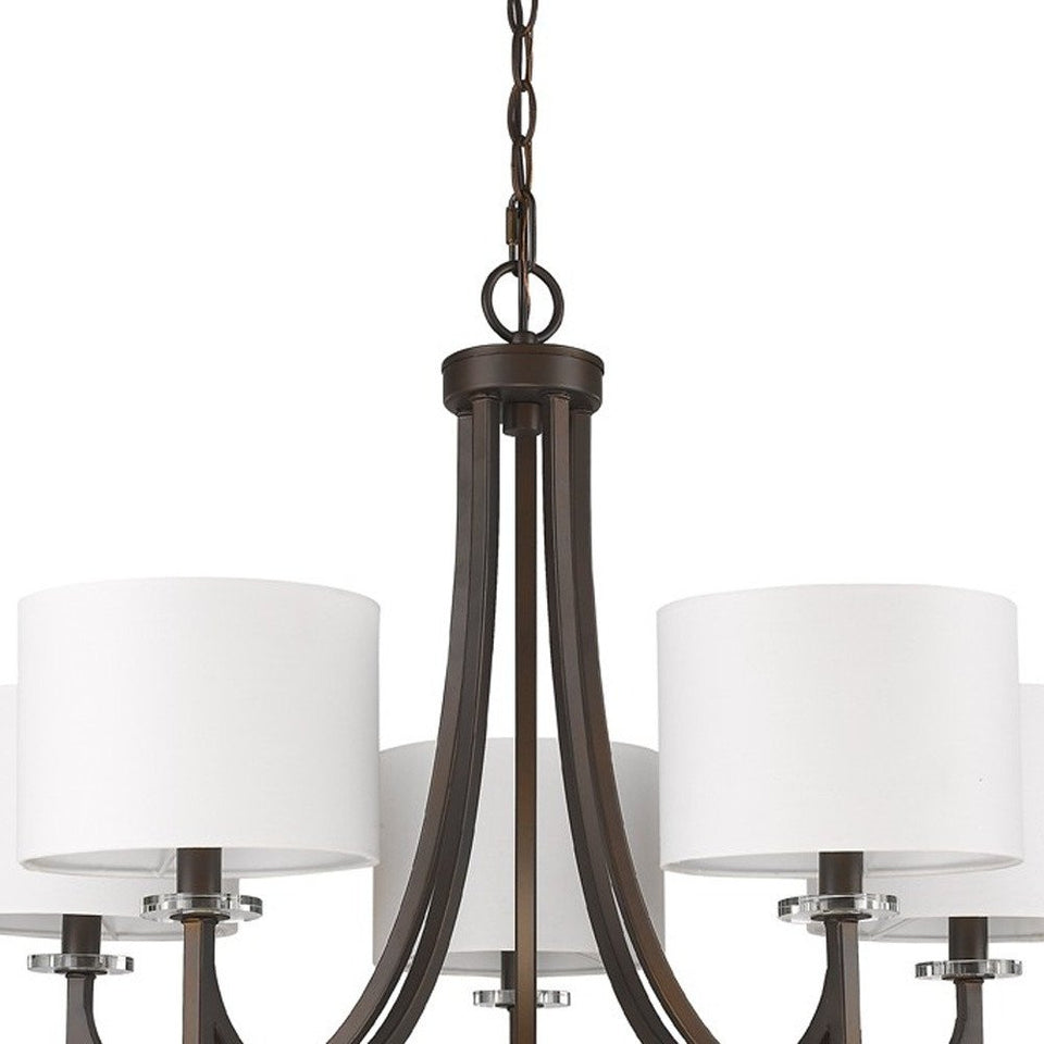 Brown Candle Style Five Light Metal and Crystals Dimmable Chandelier With White Shades