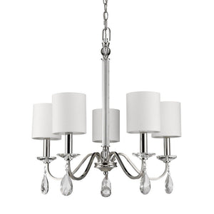 Silver Candle Style Five Light Metal and Crystals Dimmable Chandelier With White Shades