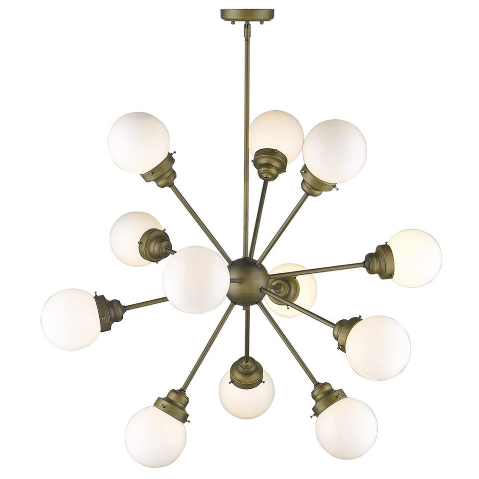 Bronze Sputnik Twelve Light Frosted Metal Dimmable Chandelier With Off White Shades