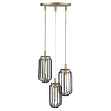 Gold Caged Three Light Metal Dimmable Chandelier With Black Shades