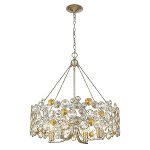 Silver Shaded Four Light Metal and Crystals Dimmable Chandelier With Silver Shades
