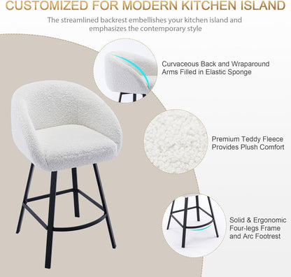 26'' Swivel Counter Stools, Modern Bar Stools for Kitchen Counter, White Sherpa Kitchen Counter Stools, Upholstered Barstools with Backs, Counter Height Stool Chairs with Metal Legs-3