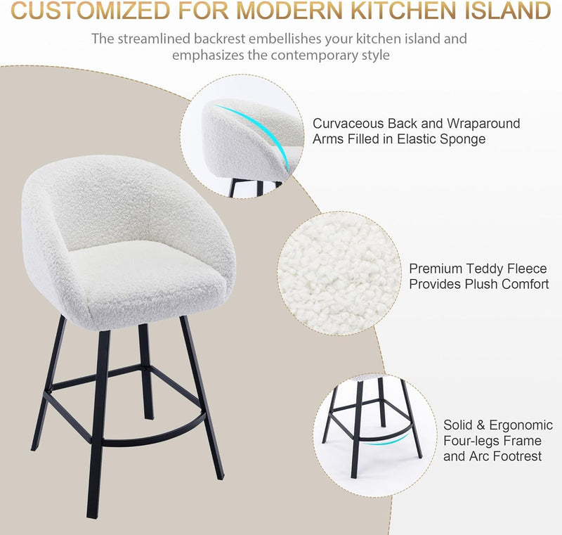 26'' Swivel Counter Stools, Modern Bar Stools for Kitchen Counter, White Sherpa Kitchen Counter Stools, Upholstered Barstools with Backs, Counter Height Stool Chairs with Metal Legs-3