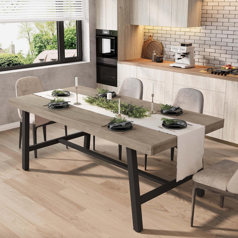 Industrial Dining Table for 6~8 People, 70.87" Long Rectangle Dining Table, Wooden Kitchen Table with Sturdy Metal Frame, Dinner Table, Dining Room Table for Kitchen, Dining Room-Grey-0