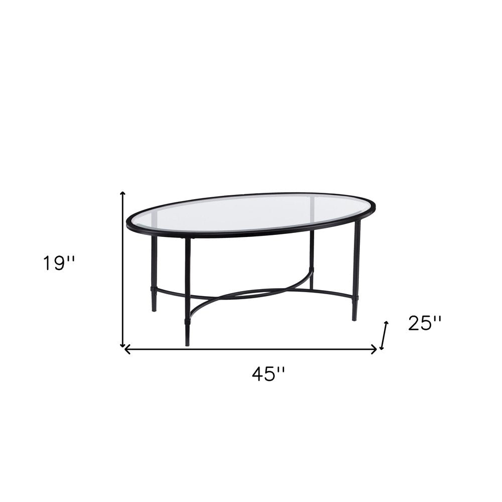45" Clear and Black Glass and Metal Oval Coffee Table
