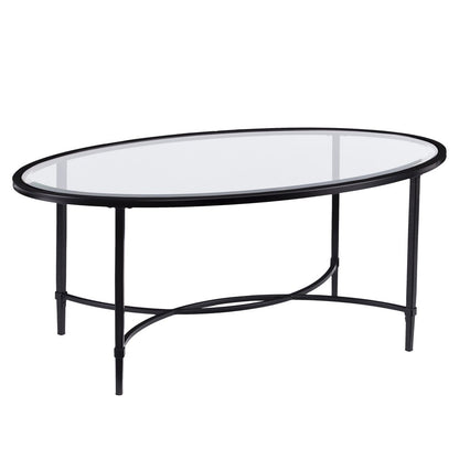 45" Clear and Black Glass and Metal Oval Coffee Table