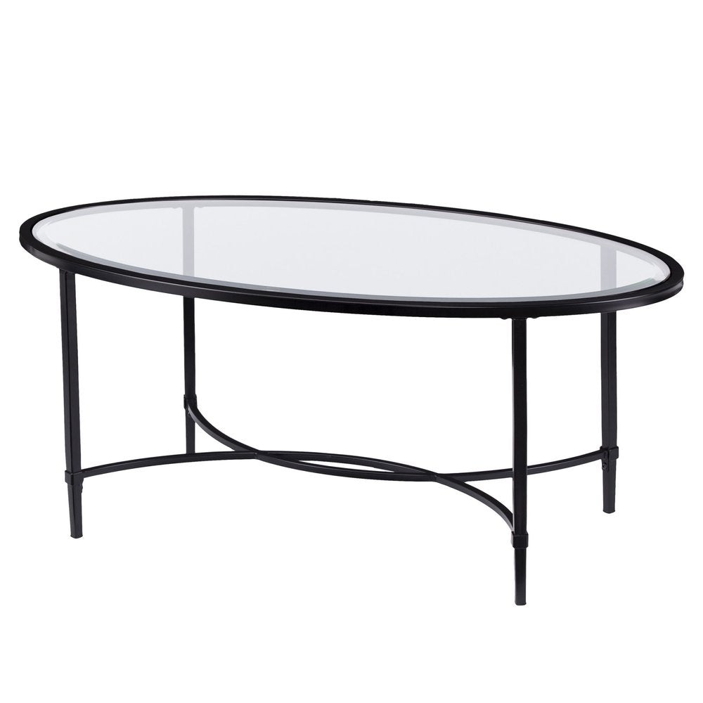 45" Clear and Black Glass and Metal Oval Coffee Table