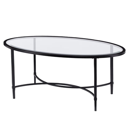 45" Clear and Black Glass and Metal Oval Coffee Table