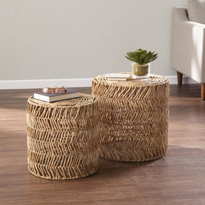 Set Of Two 18" Natural Woven Rattan End Tables