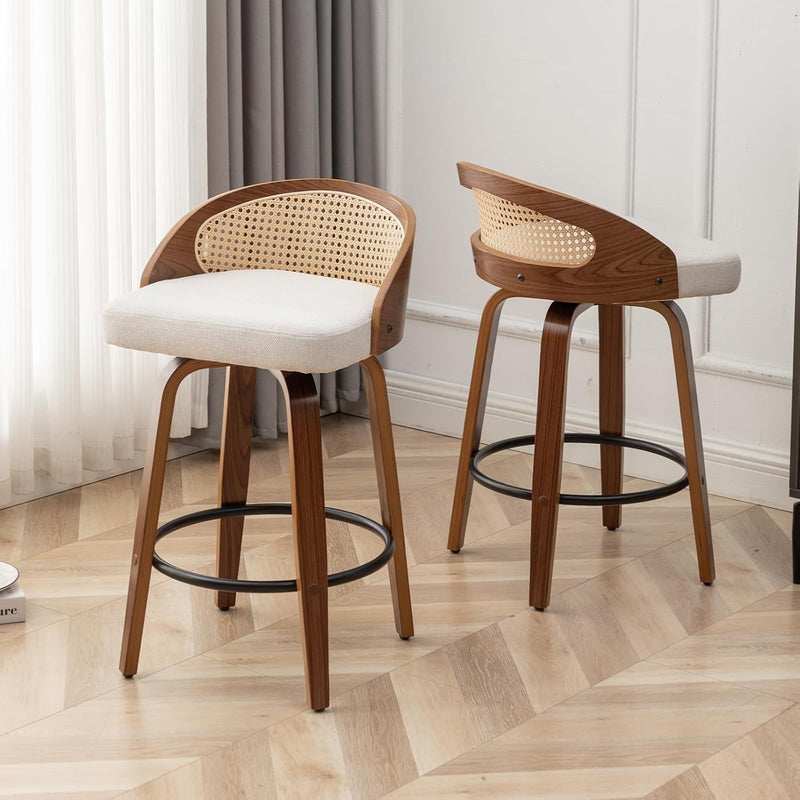 25" Swivel Rattan Bar Stools Set of 2,Mid-Century Modern Beige Linen Fabric Upholstered Counter Height Stools,Kitchen Island Barstools with Rattan Low Backrest,Walnut Wood Finish Bar Chair-4