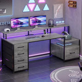Home Office Desk with File Drawer & Power Outlet, 66'' Computer Desk with 5 Drawer, Storage Shelves, Printer Cabinet and Monitor Shelf, Gaming Desk with Led Lights, Grey-2