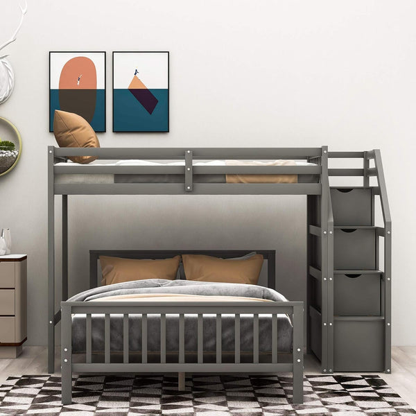 Gray Twin Over Full Bunk Bed with Stairs-0