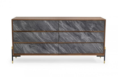 30" Walnut And Grey Manufactured Wood Five Drawer Chest