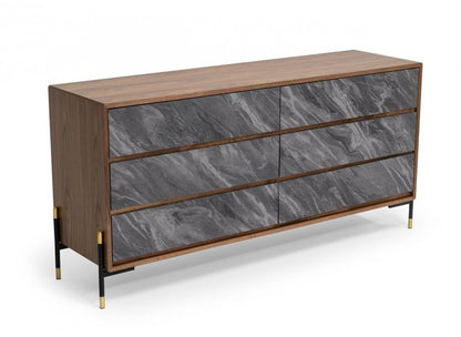 30" Walnut And Grey Manufactured Wood Five Drawer Chest