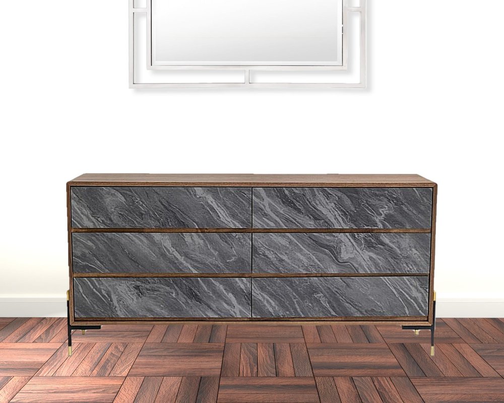 30" Walnut And Grey Manufactured Wood Five Drawer Chest