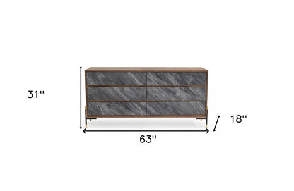 30" Walnut And Grey Manufactured Wood Five Drawer Chest