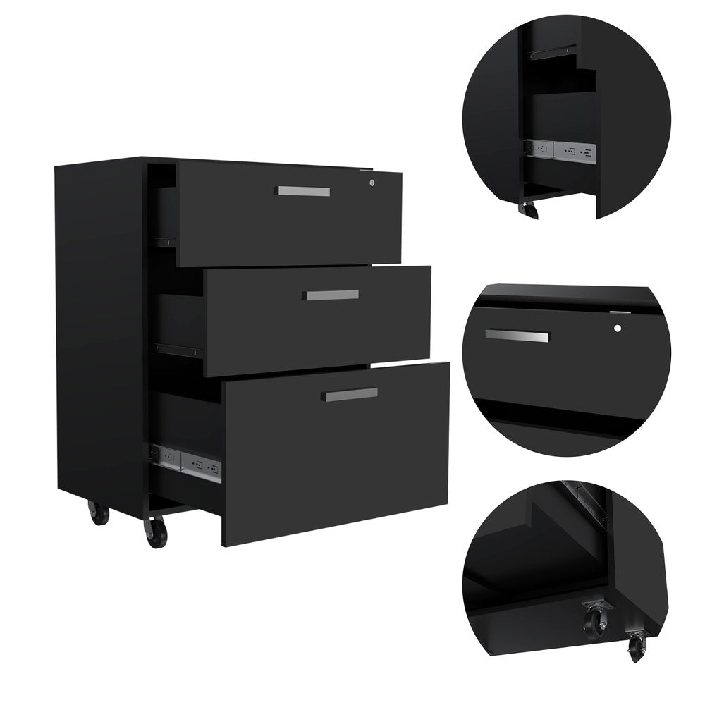 35" Black Wood Three Drawers Filing Cabinet