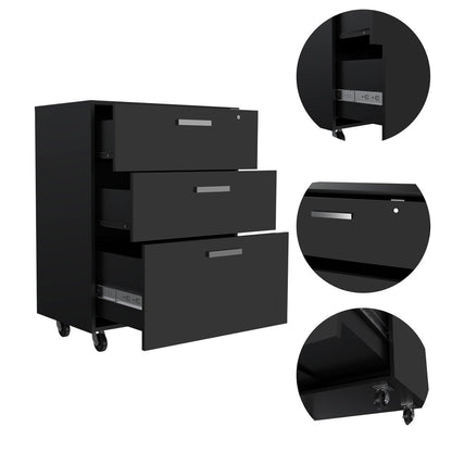 35" Black Wood Three Drawers Filing Cabinet