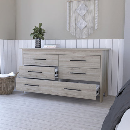 59" Natural and Black Six Drawer Double Dresser