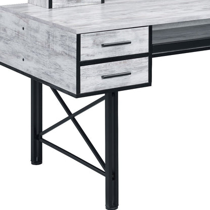 59" Antiqued White and Black Computer Desk With Five Drawers