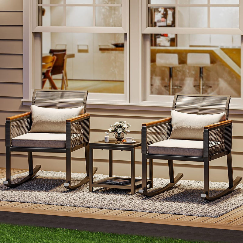 3-Piece Patio Wicker Rocking Chair Outdoor Conversation Bistro Set with Wood Armrest and Soft Cushions for Balcony, Lawn and Porch Poolside (Black)-2