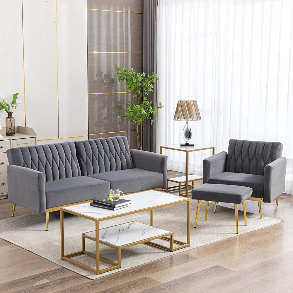 Grey Velvet Accent Chair with Ottoman and Armrests-1