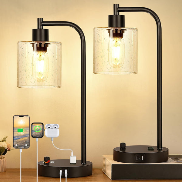 Set of 2 Industrial Table Lamps with 2 USB Port, Fully Stepless Dimmable Bedside Lamps for Bedrooms, Nightstand Desk Lamps with Seeded Glass Shade for Reading Living Room Office 2 LED Bulb Included-0