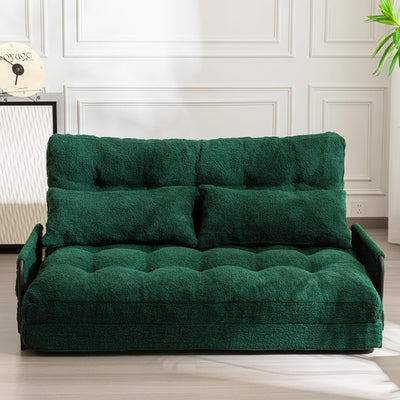 Adjustable Floor Sofa Couch with 2 Pillows, 5-Position Boucle Bean Bag Bed, Convertible Lazy Sofa Sleeper Bed with Armrest, Versatile Floor Seating Sofa for Living Room, Green, Double-0