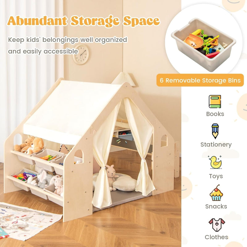Large Kids Tent, 6-In-1 Wooden Frame Play House with Table and Chair Set, Blackboard, 6 Storage Bins & Soft Floor Mat, Indoor Playhouse for Boys Girls Aged 2-6 Years Old-2
