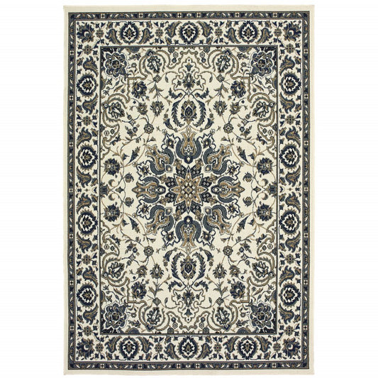 8' X 8' Ivory and Blue Round Oriental Stain Resistant Indoor Outdoor Area Rug
