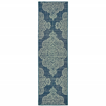 2' X 4' Blue Oriental Stain Resistant Indoor Outdoor Area Rug