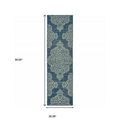 2' X 4' Blue Oriental Stain Resistant Indoor Outdoor Area Rug