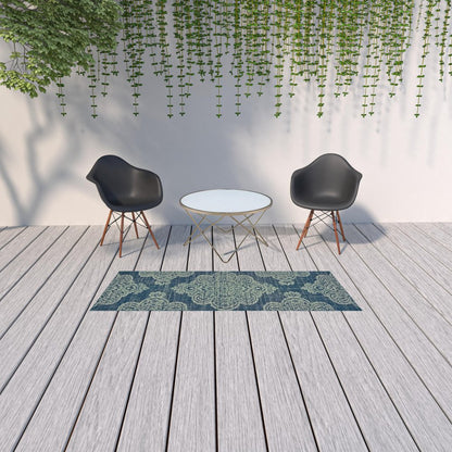 2' X 4' Blue Oriental Stain Resistant Indoor Outdoor Area Rug