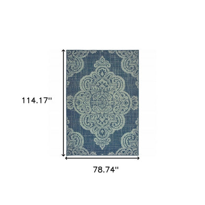 2' X 4' Blue Oriental Stain Resistant Indoor Outdoor Area Rug