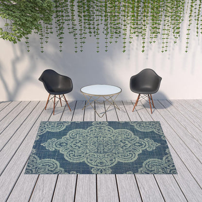 2' X 4' Blue Oriental Stain Resistant Indoor Outdoor Area Rug