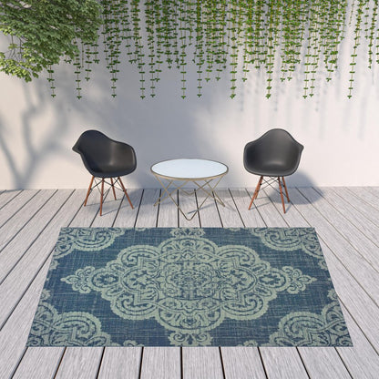 2' X 4' Blue Oriental Stain Resistant Indoor Outdoor Area Rug