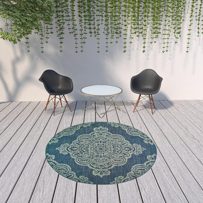 2' X 4' Blue Oriental Stain Resistant Indoor Outdoor Area Rug